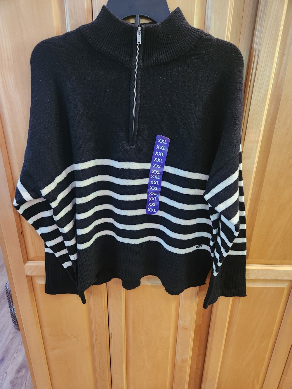 DKNY Black and White Striped Zip-Neck Sweater
